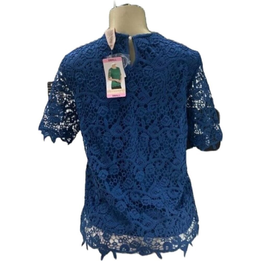 Philosophy S Blue Lace Crew Neckline Scallop Trim Lined Sheer Half Sleeve Blouse - Picture 4 of 6